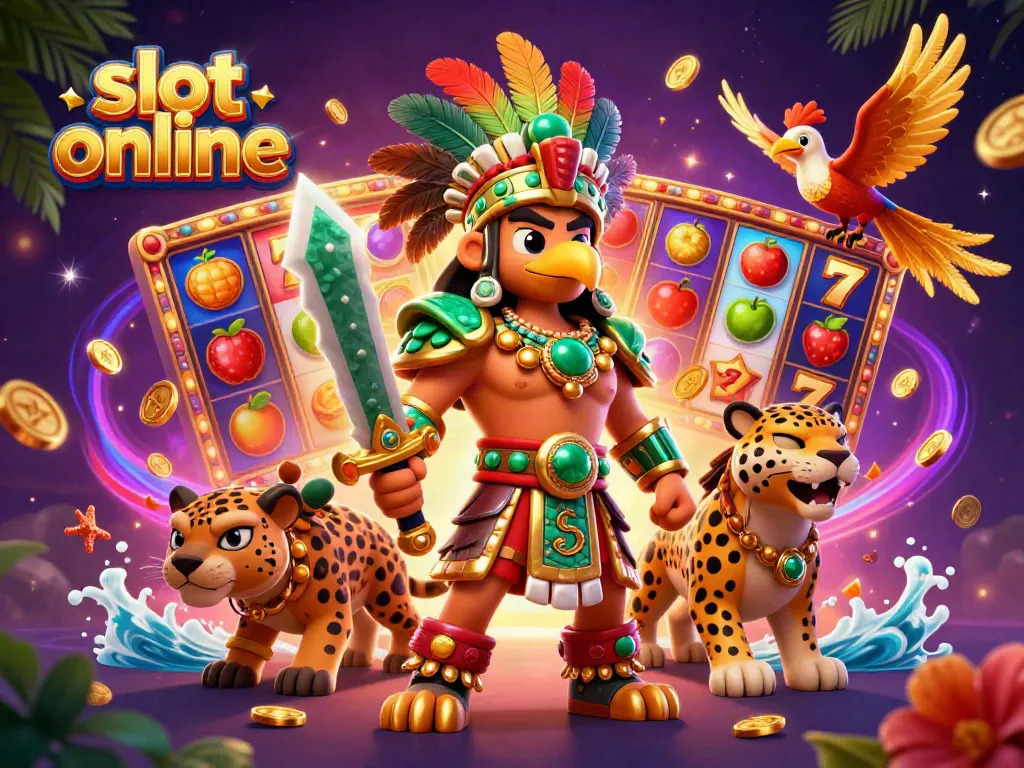 Spin to win in this vibrant slot online illustration featuring Aztec warriors and colorful game elements.