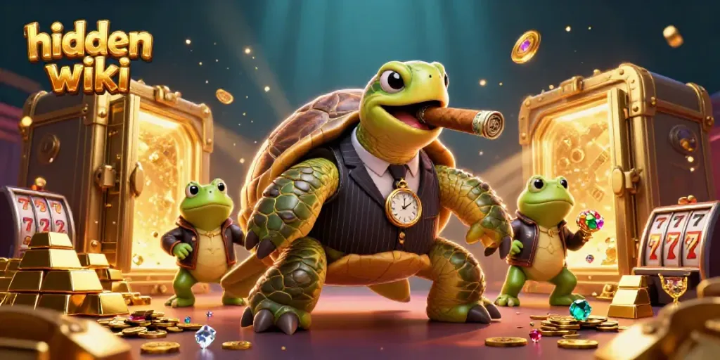 Exciting hidden wiki casino scene with a turtle mobster and frog enforcers amidst golden treasures.