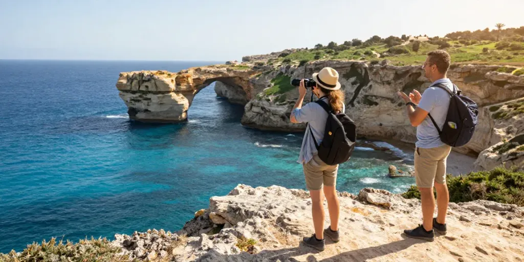 Enjoying Gozo tours at Azure Window with stunning coastal views.