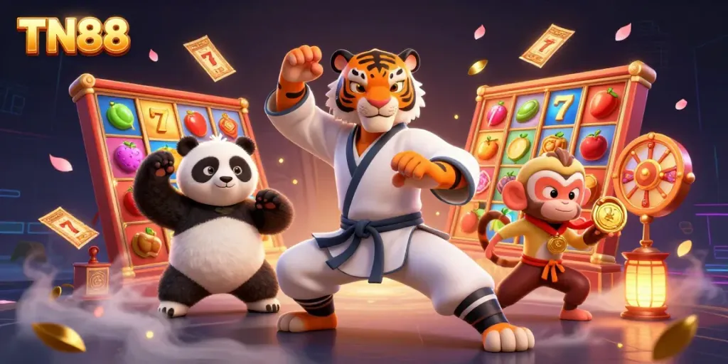 Engage in thrilling TN88 casino action as a kung fu tiger, panda disciple, and clever monkey dominate the scene.