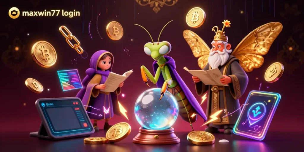 Experience winning at maxwin77 login with a mystical scene of a fortune teller and librarian surrounded by crypto elements.