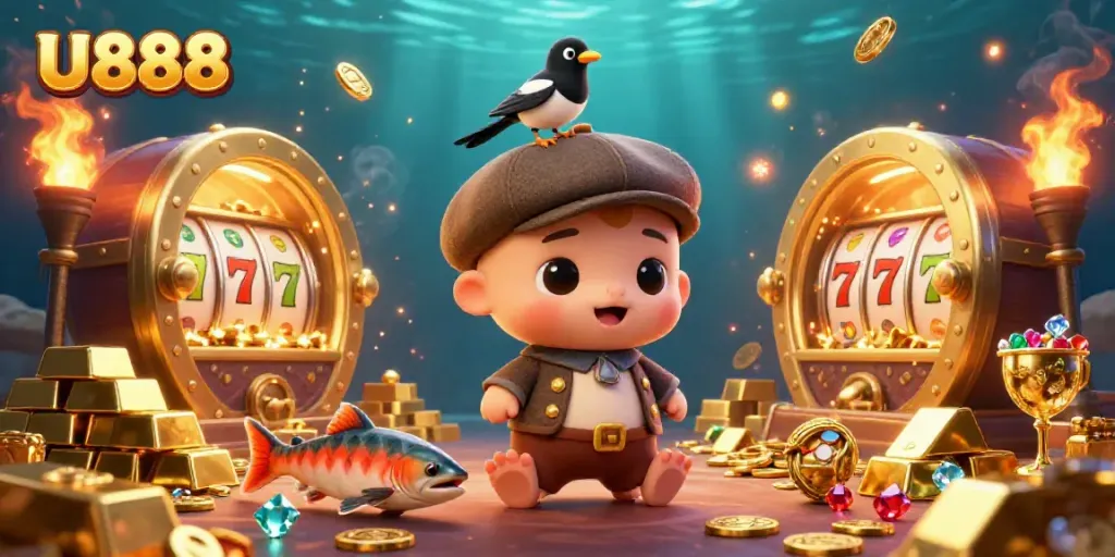 Engage in thrilling gameplay at U888, featuring colorful slot reels, lively characters, and rich treasures.