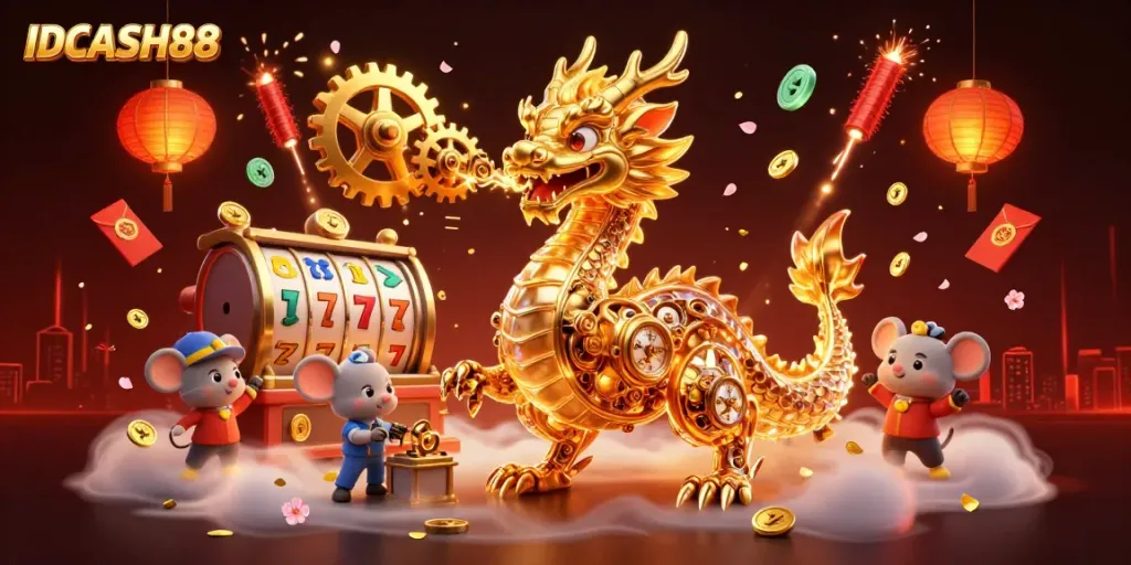 Win big with IDCASH88's vibrant slot game universe featuring a golden dragon and festive elements.