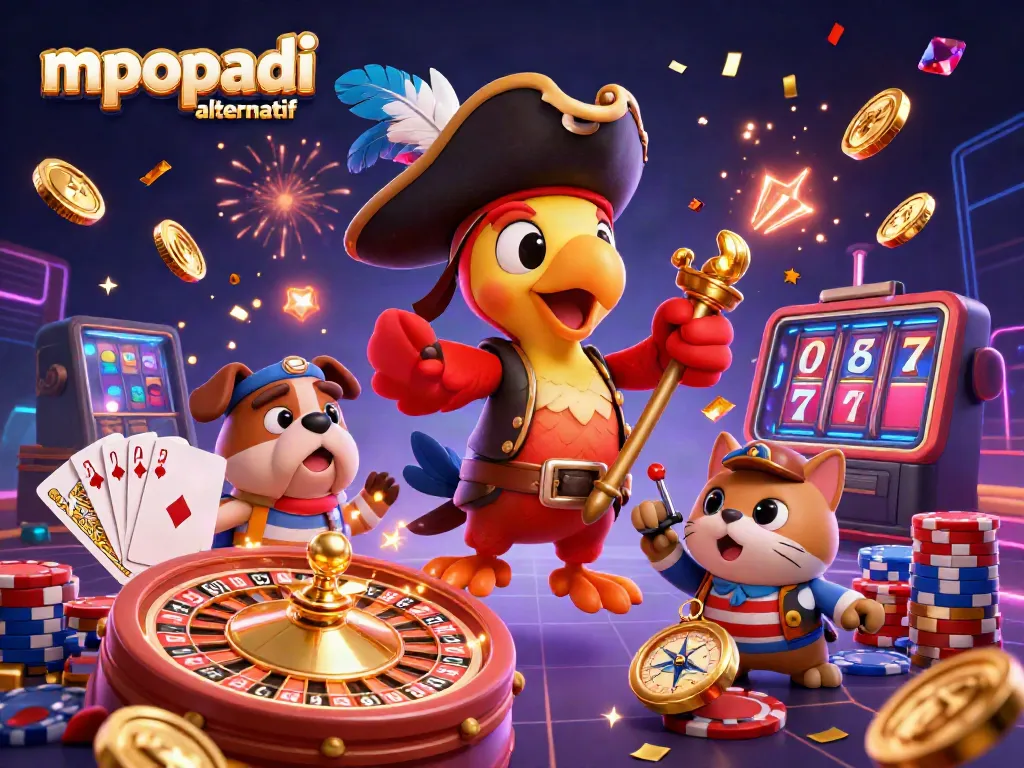 Spin to win with MPOPADI alternatif featuring a vibrant pirate captain parrot and a dynamic roulette wheel!
