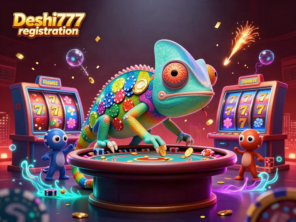 Experience a vibrant Deshi777 registration with our chameleon casino owner surrounded by dynamic gaming elements.