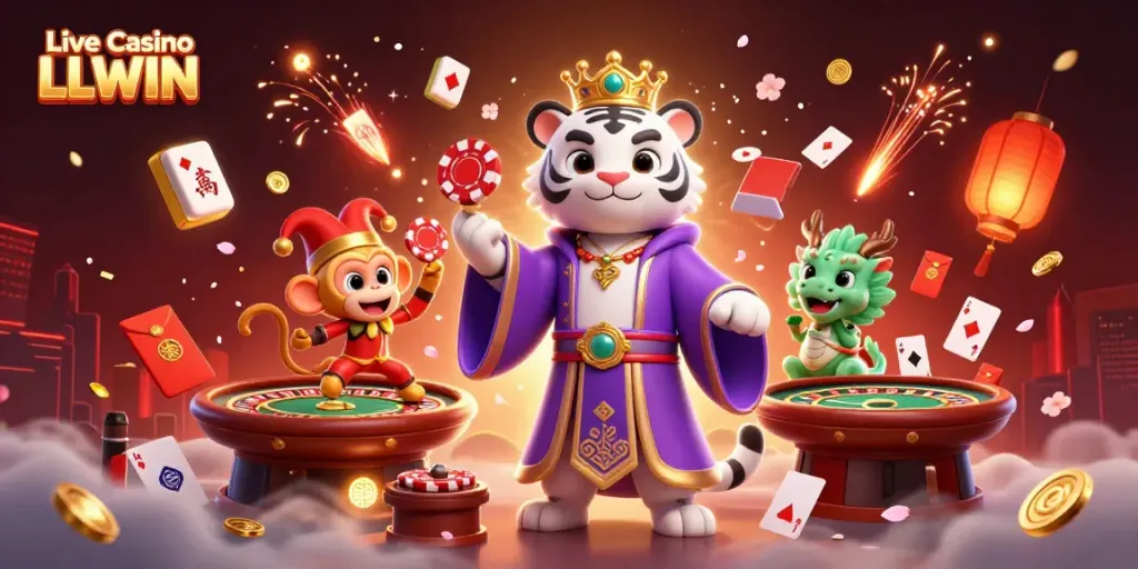 Experience the thrill of Live Casino LLWIN with vibrant gaming characters and rich casino elements.