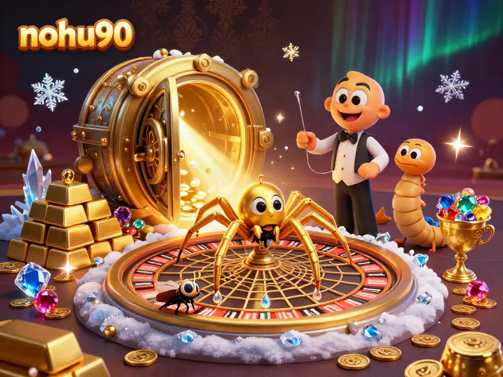 Engaging nohu90 online casino scene with a golden spider, roulette web, and treasure galore.