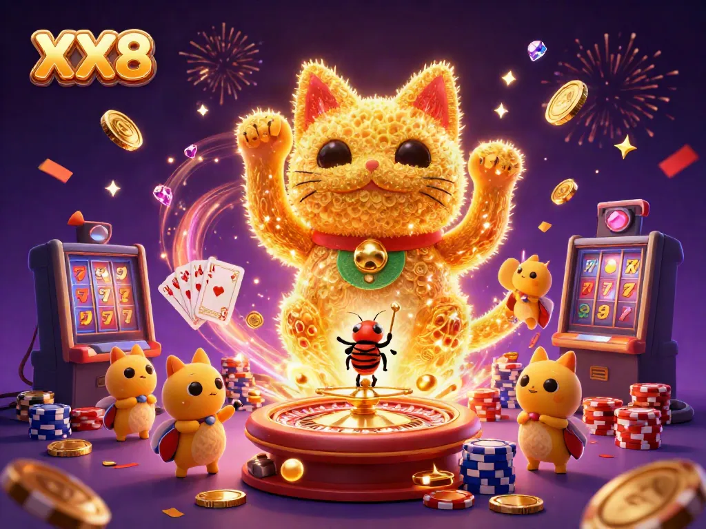 Experience the excitement of gaming with the XX8 lucky cat and casino elements bursting with color and detail.
