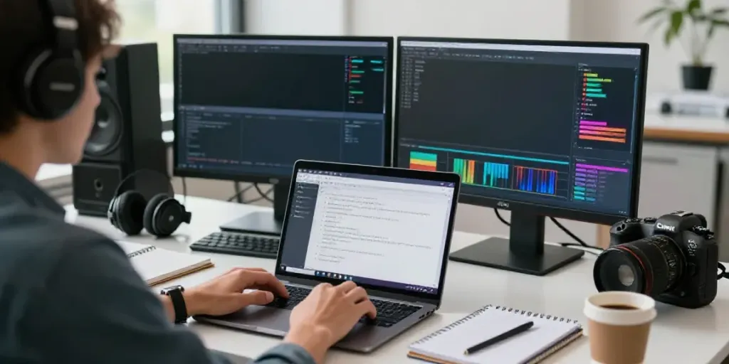 Using an online AI MP3 to text converter in a modern office for efficient transcription.