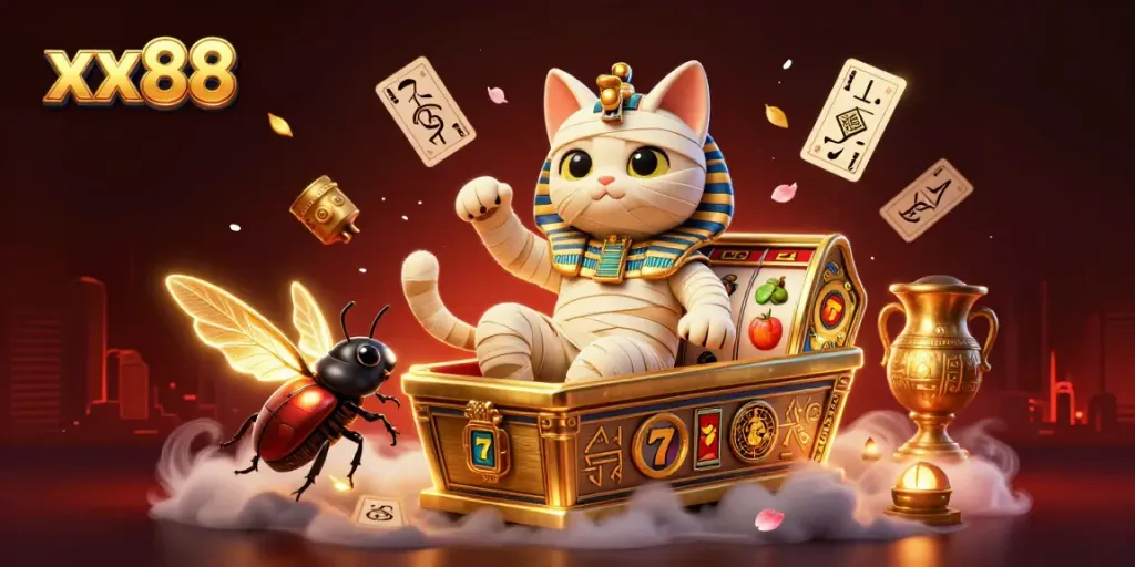 Experience thrilling gameplay at xx88 with an Egyptian mummy cat and dynamic slot reels spinning!