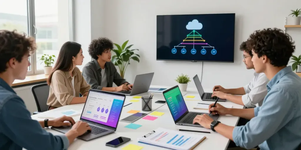 Team strategizing advanced link building techniques in a vibrant office.