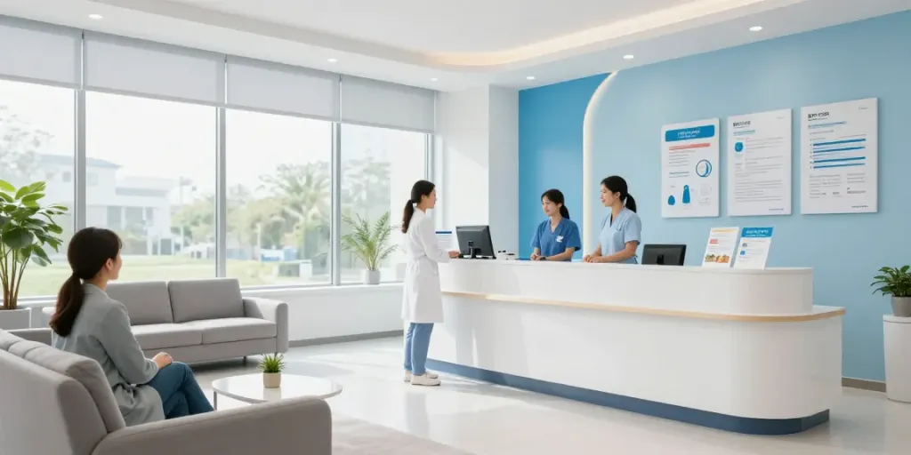 BPC-157 consultation in a modern healthcare clinic with welcoming staff and health information.