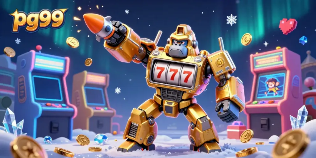 Engage with thrilling gaming action at pg99 with a vibrant 3D scene of slots and arcade excitement.