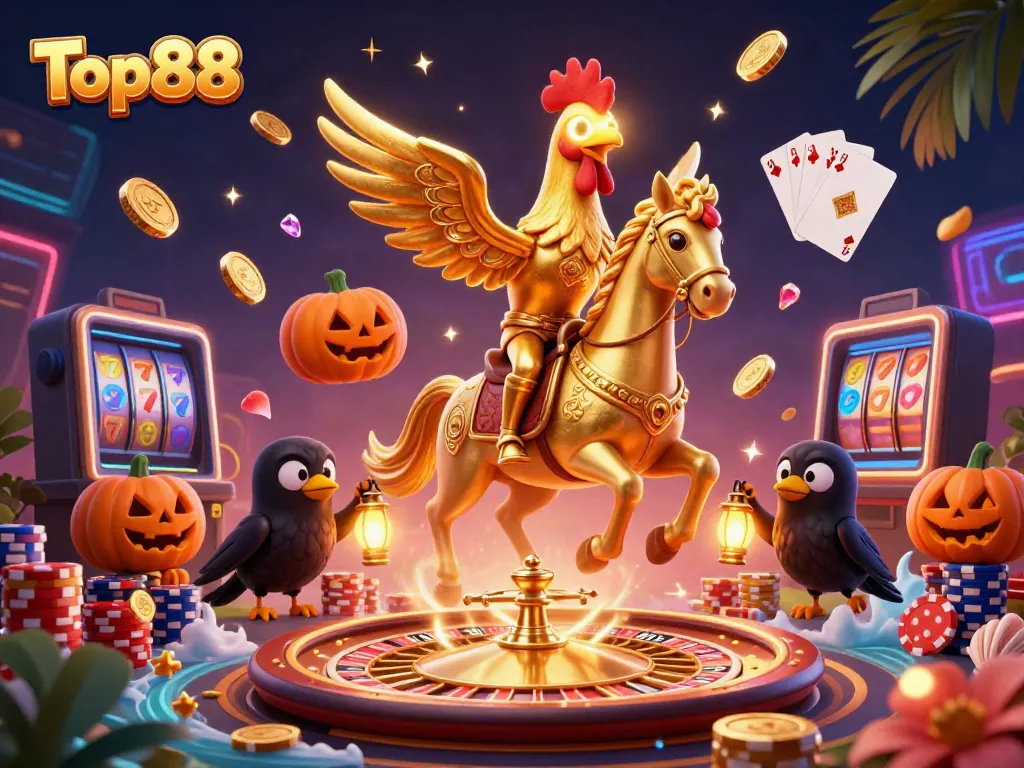 Experience the thrilling atmosphere of Top88 with vibrant casino scenes and exciting game elements.