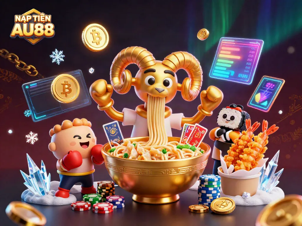 NẠP TIỀN AU88 workflow with golden ramen bowl character dealing cards amidst vibrant neon crypto coins.
