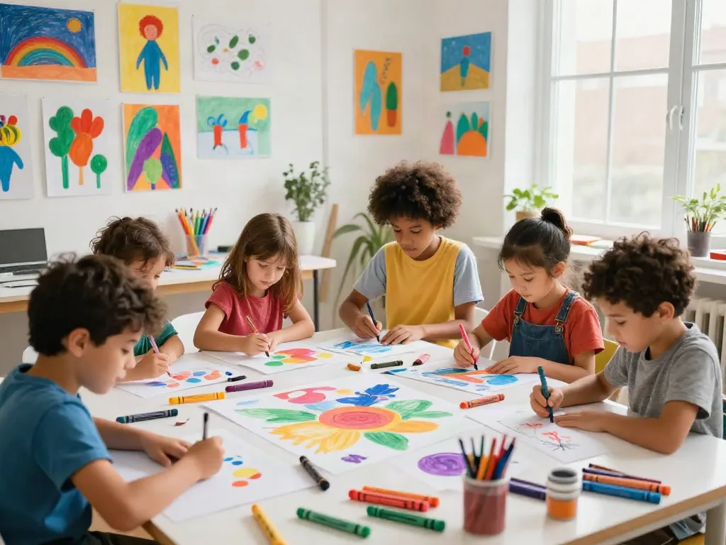 Children engaging with a crayon supplier's colorful art products in a bright studio.