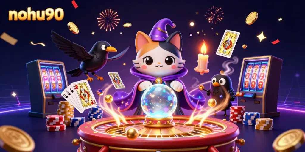 Engage in thrilling gameplay at nohu90 with a mystical scene featuring a cat fortune teller.
