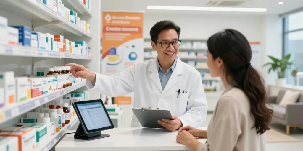 Mounjaro 10 mg Prezzo discussion in a modern pharmacy with a pharmacist assisting a patient.
