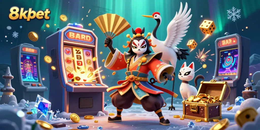 Experience the excitement of 8xbet with vibrant slot machine action and charming characters.