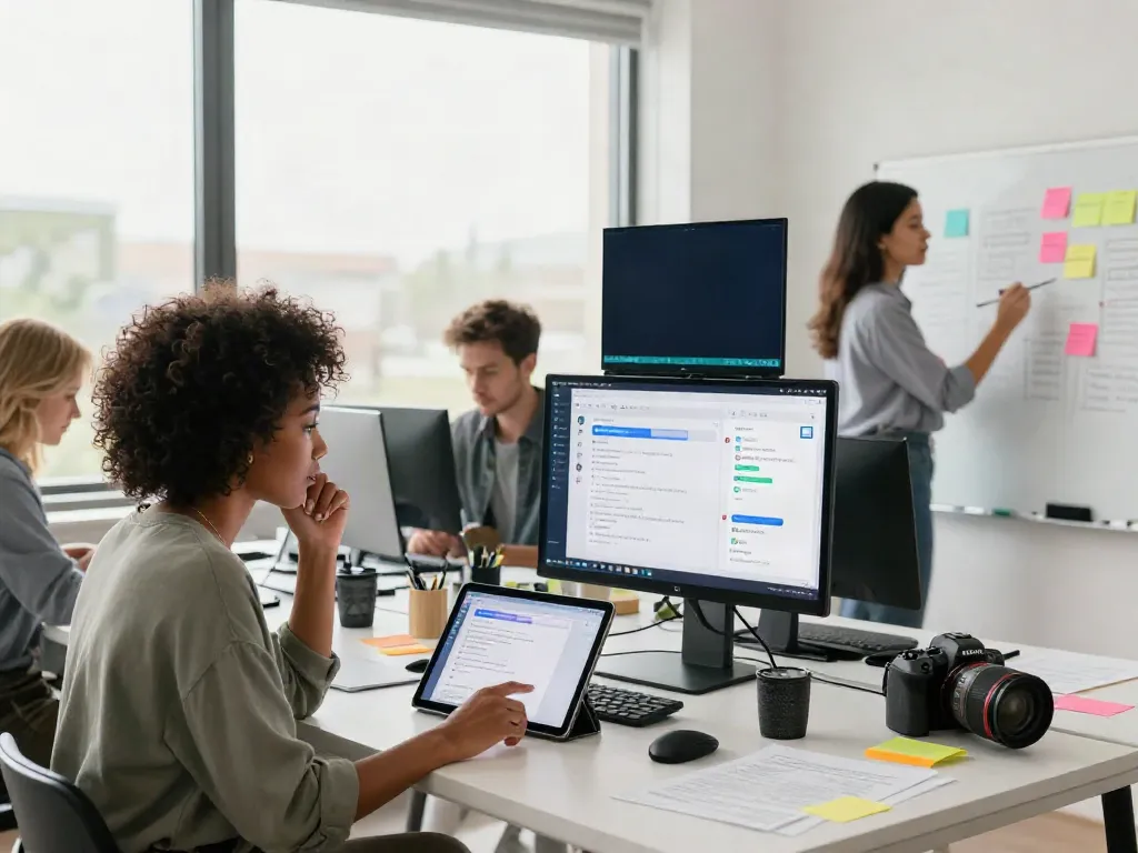 Engaging team collaborating on an unfiltered AI chat platform in a modern workspace.
