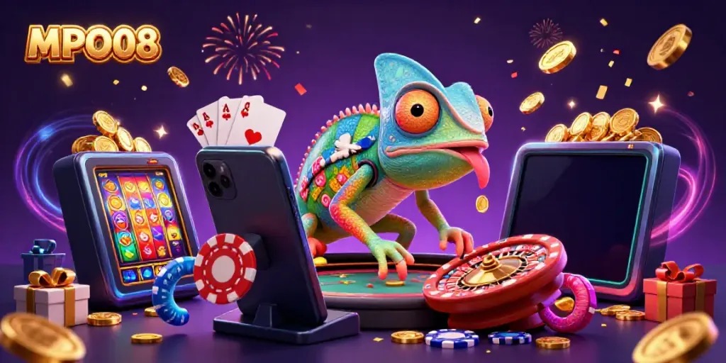 MPO08 offers an exciting casino experience with vibrant game elements and a playful chameleon owner.