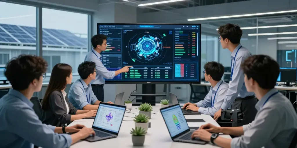 Engineers collaborating on AI infrastructure metrics in a modern data center.
