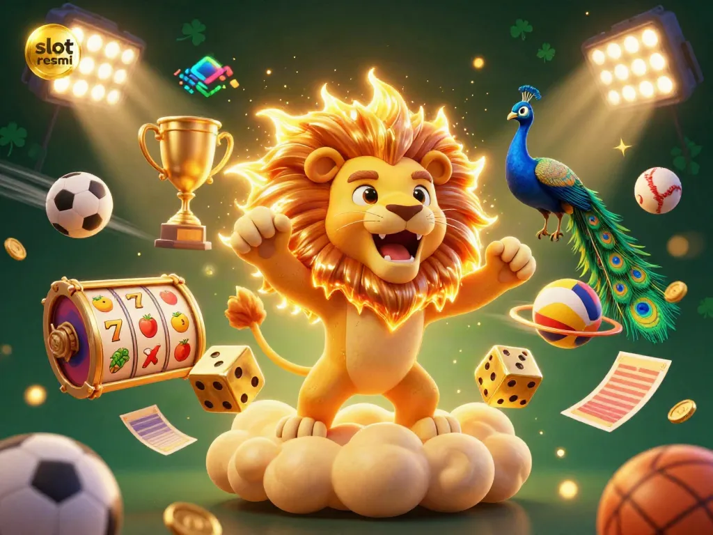 Experience the thrill of gambling with slot resmi, showcasing an energetic scene of a roaring lion and dynamic gaming elements.