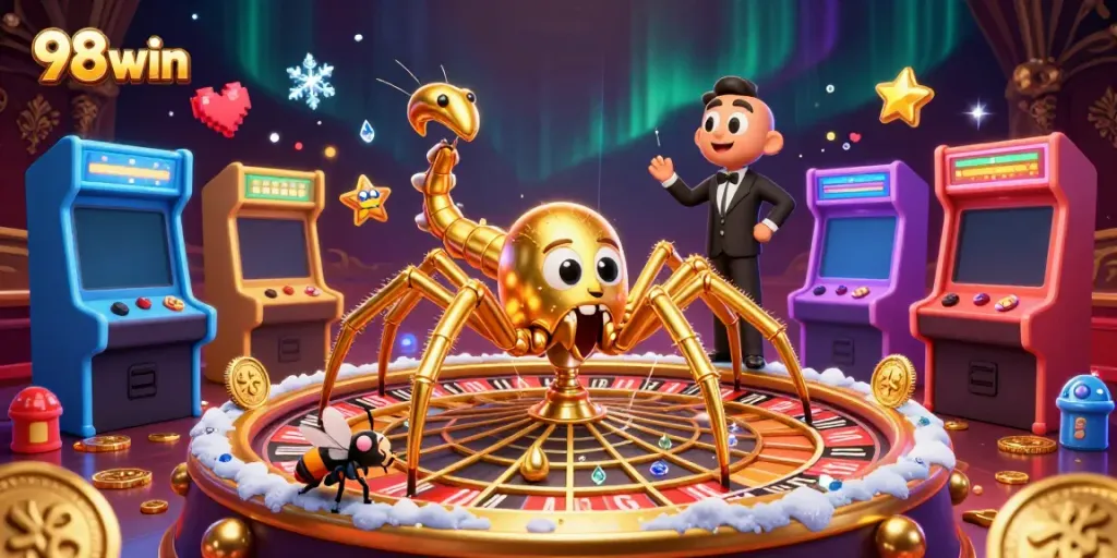 Experience thrilling gaming at 98win with a golden web roulette and animated characters.