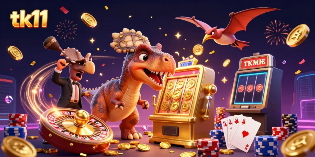 tk11 casino-themed illustration with animated dinosaurs and golden coins in action