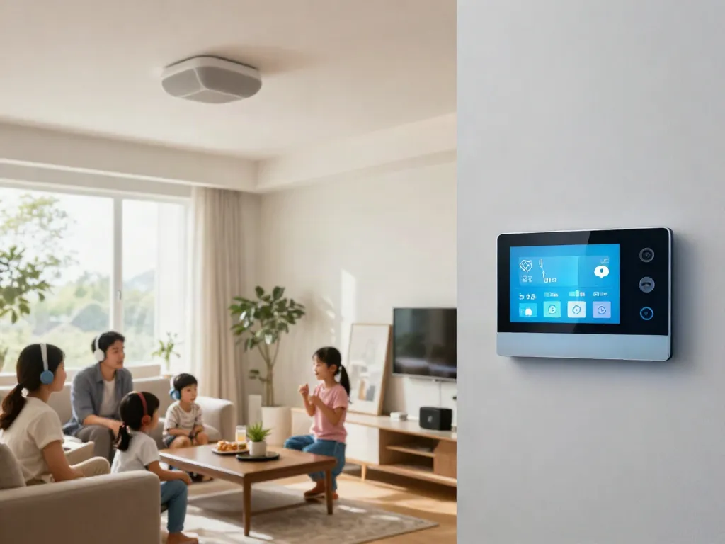 Cozy living room showcasing خانه هوشمند جهان اسمارت with smart audio systems and automated controls.