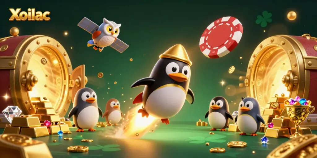 Experience the action at Xoilac with a dynamic scene featuring a golden penguin and casino elements.