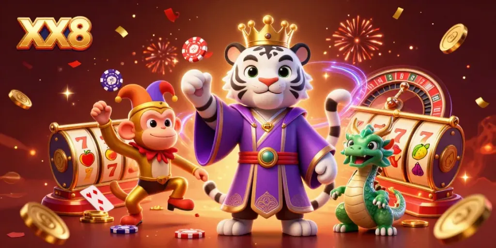 Experience the excitement of XX8 gaming with a vibrant 3D illustration of a white tiger and jester monkey amidst casino elements.