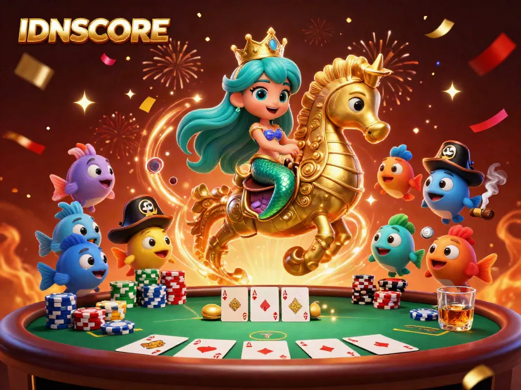 Celebrate with IDNSCORE as the ocean-themed characters engage in poker amidst a vibrant casino atmosphere.