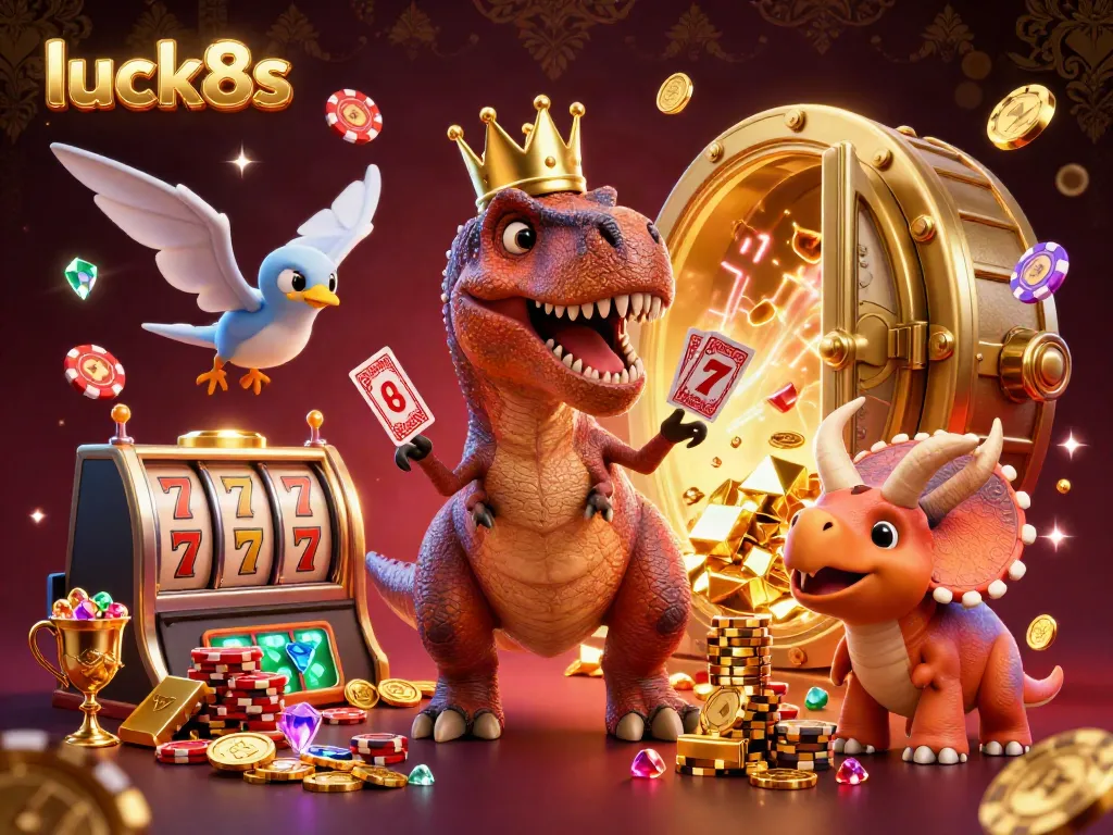 Experience thrilling gaming action at luck8s with a whimsical casino scene featuring a T-Rex and playful assistants.