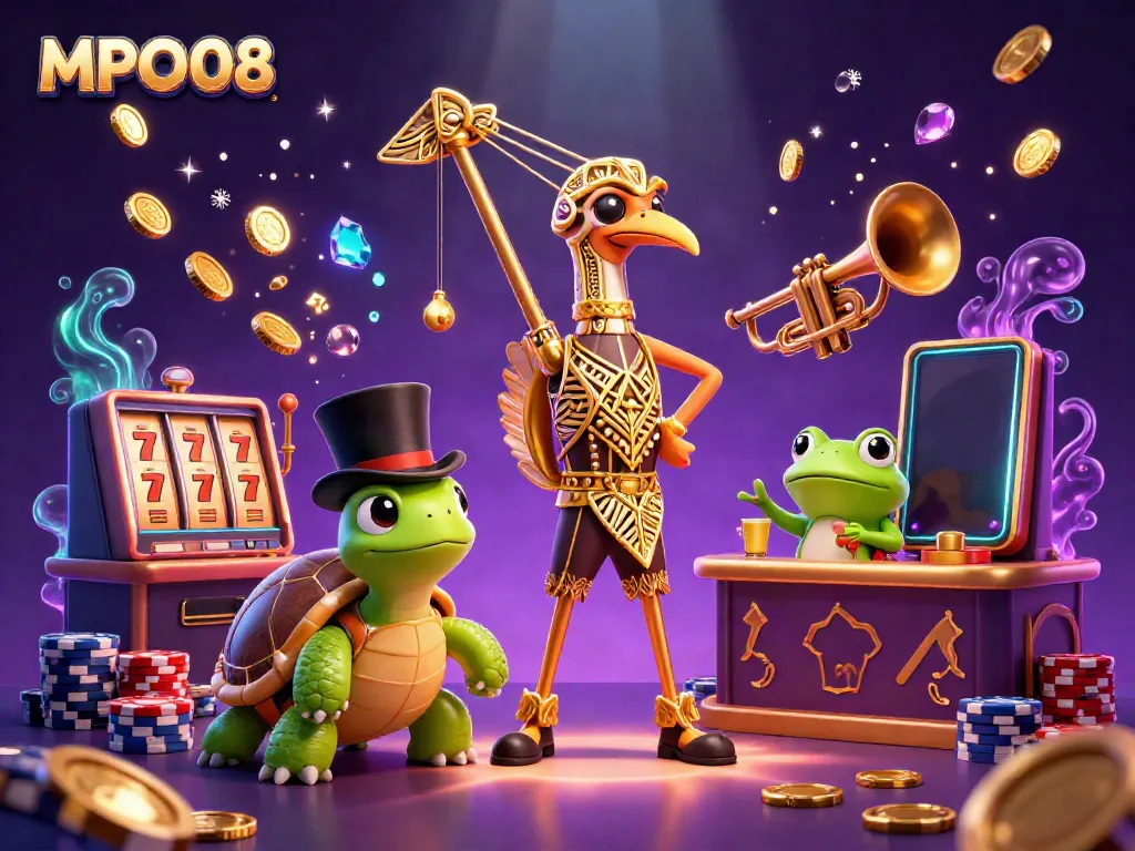 Engage with MPO08 casino excitement featuring a turtle and crane at a vibrant speakeasy.