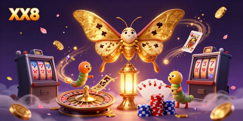 Join the thrilling action at XX8 with a magical online casino scene featuring vibrant characters and elements.