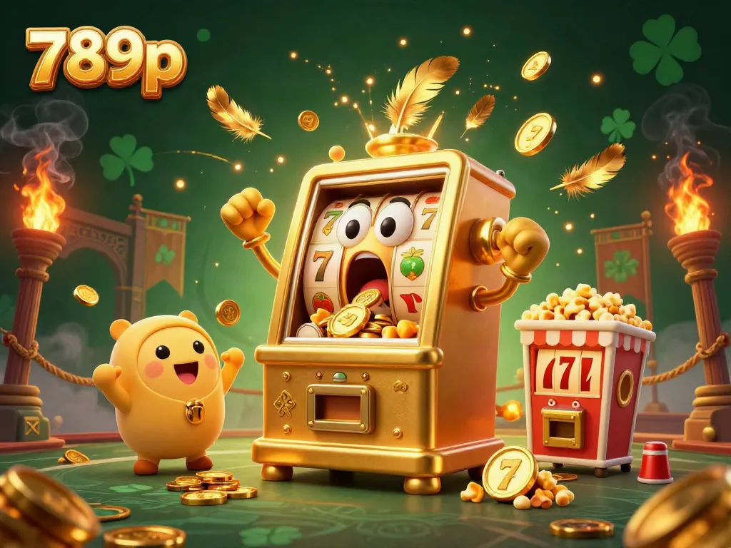 Engage with the vibrant casino scene featuring a golden slot machine and dynamic gambling elements for 789p.