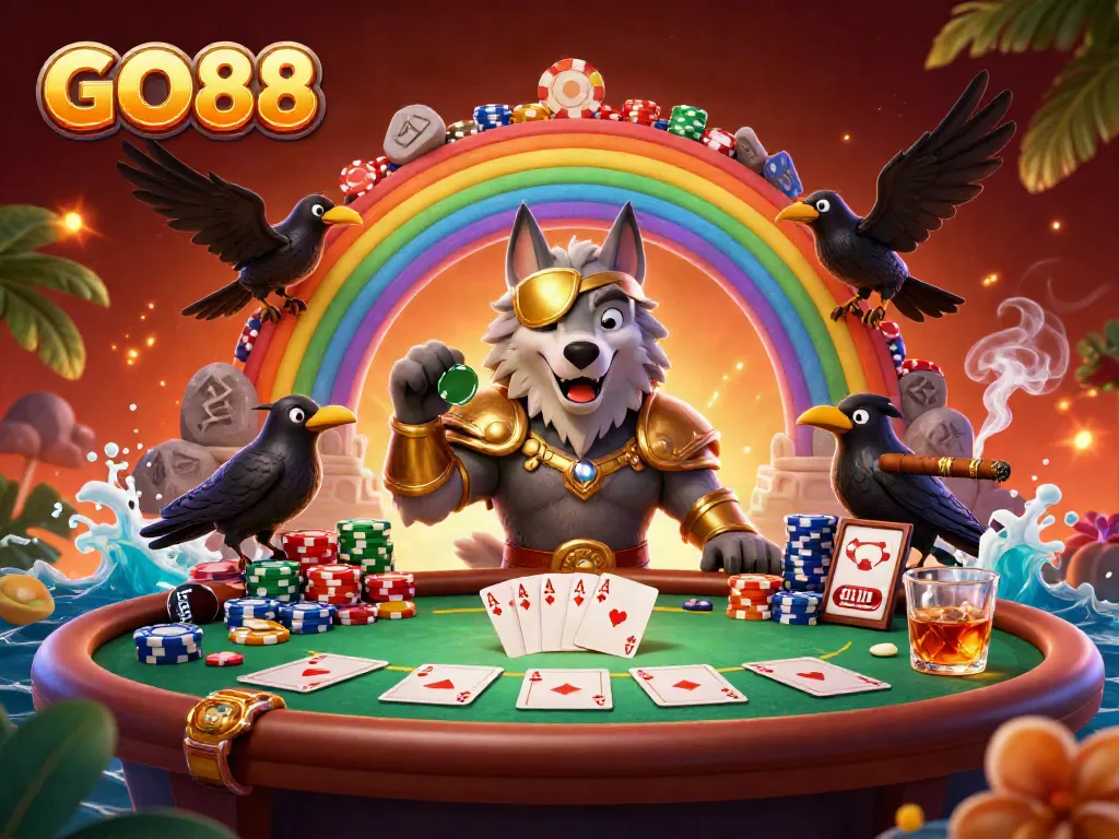 Experience engaging gameplay at GO88 with a captivating Norse-themed illustration featuring Odin and his ravens.