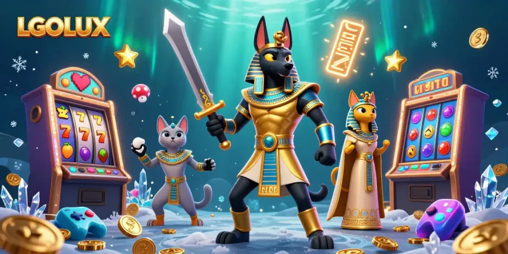 Engage with LGOLUX through a captivating 3D casino scene showcasing Anubis and Bastet among vibrant slot games.