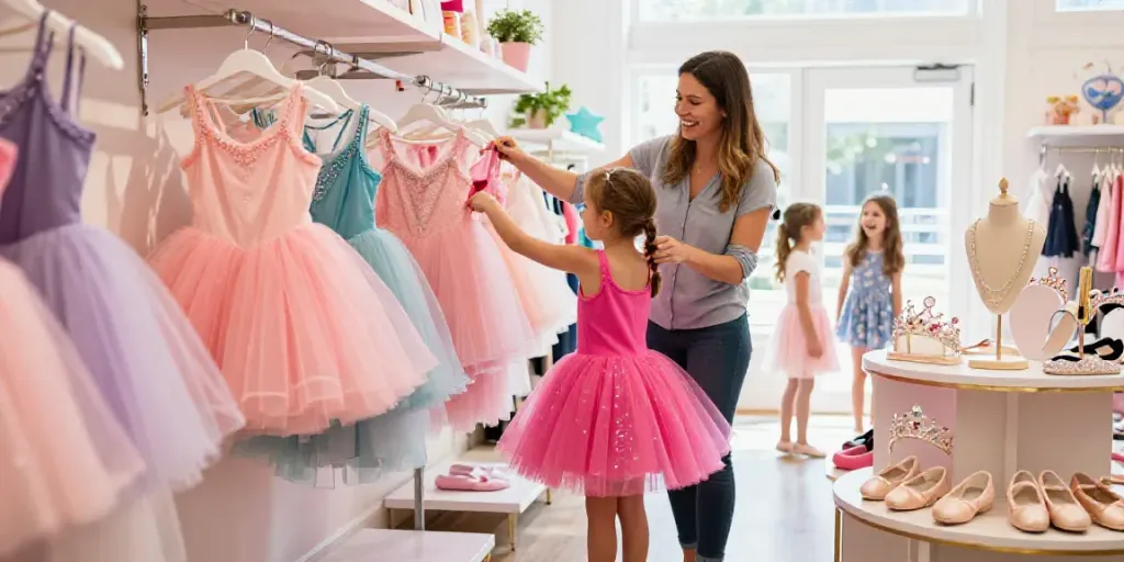 Vibrant tutu store showing colorful tutus with a child trying one on.
