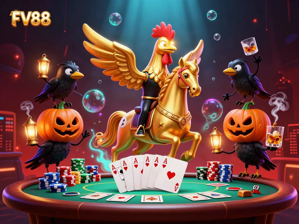 Experience thrilling gaming at FV88 with a vibrant casino scene featuring a golden rooster and poker elements.