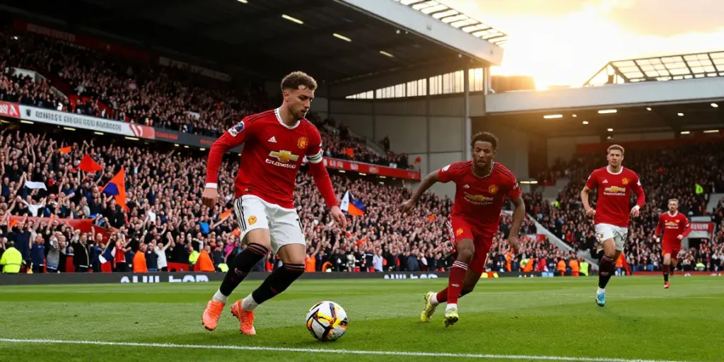แมนยู vs ลิเวอร์พูล 10 นัดล่าสุด action shot with players in motion during a football match, capturing fierce competition and fan excitement.