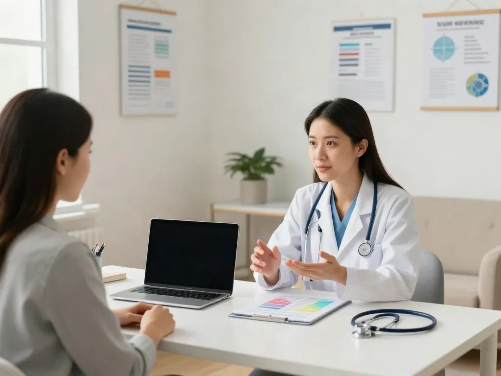Telehealth consultation for KLOW peptide therapy in modern medical office.