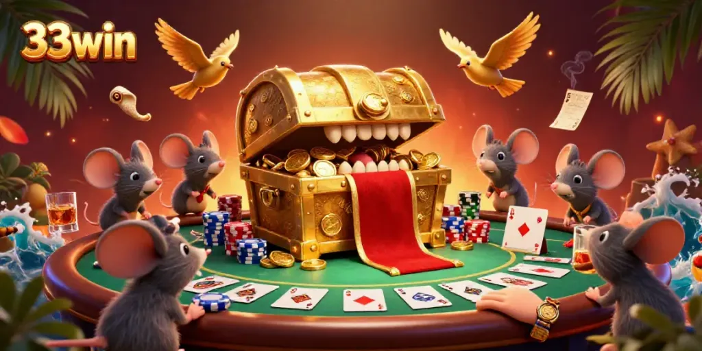 Players gather around as 33win's treasure chest chest lures with riches amidst vibrant gaming elements.