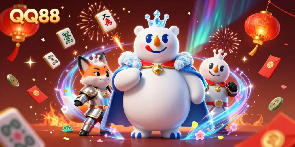 Experience the excitement of QQ88 with the majestic ice king and snow fox in a vibrant celebration.