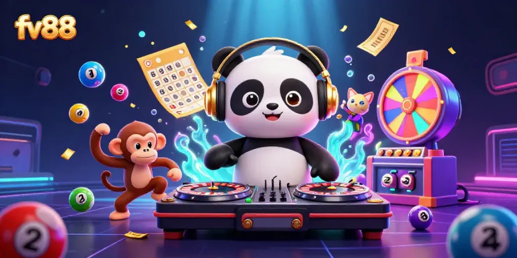 Experience the excitement of fv88 with a DJ panda spinning roulette wheels amidst a vibrant casino scene.