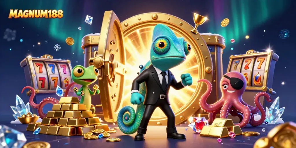 Spin and win big with MAGNUM188's exciting casino adventure featuring vibrant animated characters!