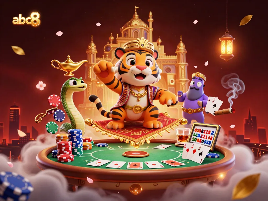 Experience thrilling casino action with abc8, featuring a magical tiger sultan on a poker chip carpet.