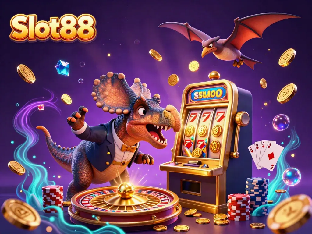 Slot88 showcases a pachycephalosaurus jackpot moment amidst swirling casino elements.