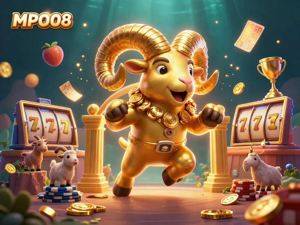 Experience the excitement of MPO08 in a vibrant dynamic casino scene with 3D cartoon elements.